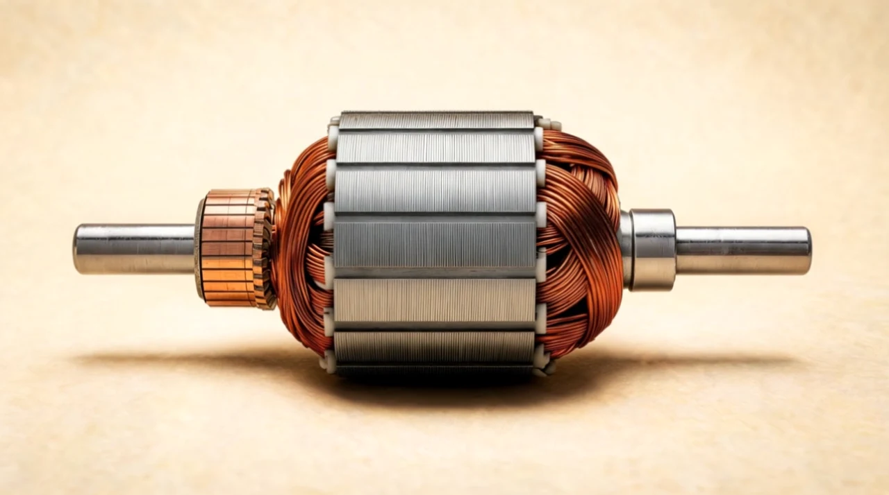 Copper windings around the laminated steel core of an electric motor